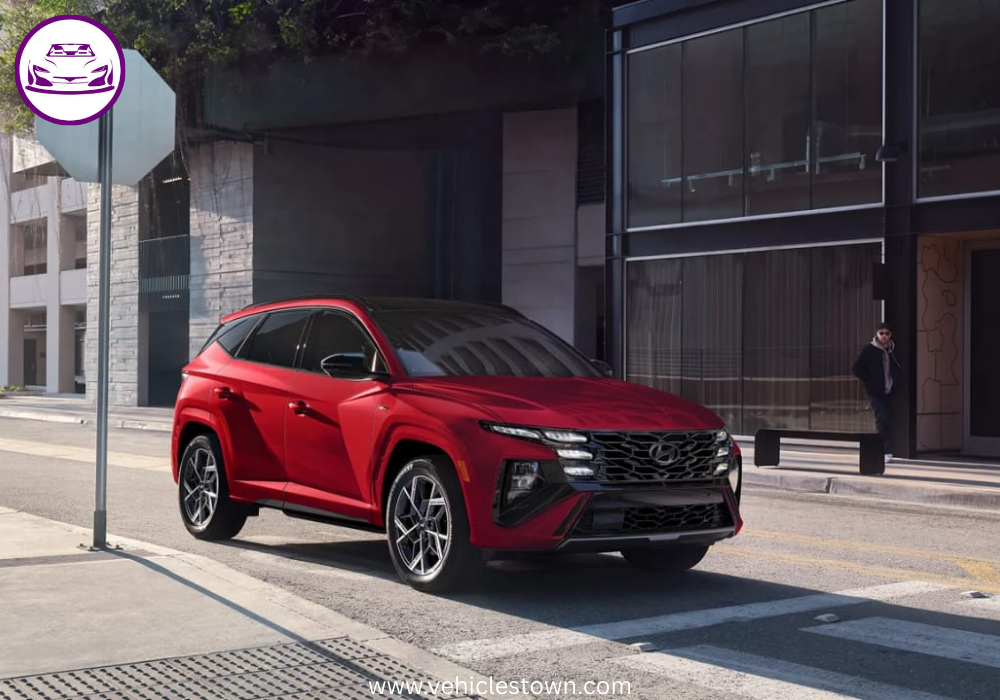 "Side view of the Hyundai Tucson Hybrid SUV in motion, showcasing its sleek design and eco-friendly features"
