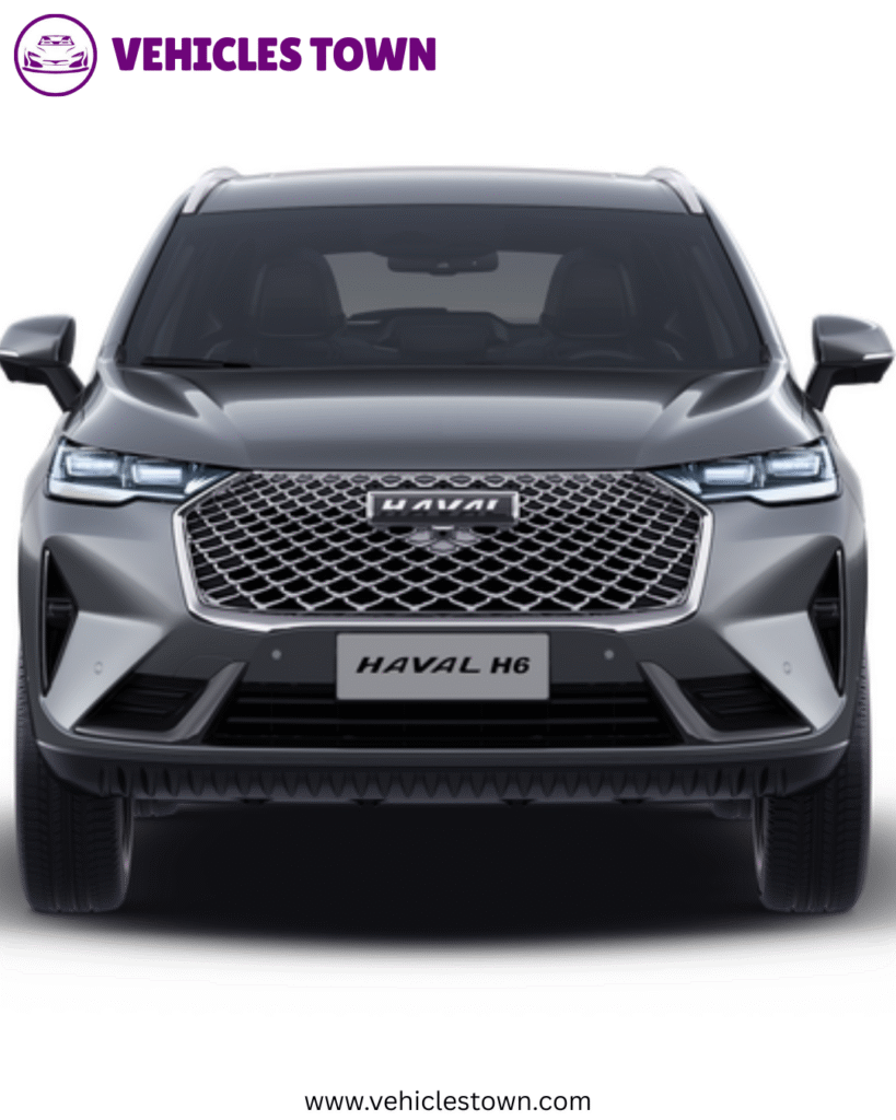 Haval H6 parked on a scenic road, showcasing its bold grille, LED headlights, and sleek SUV profile