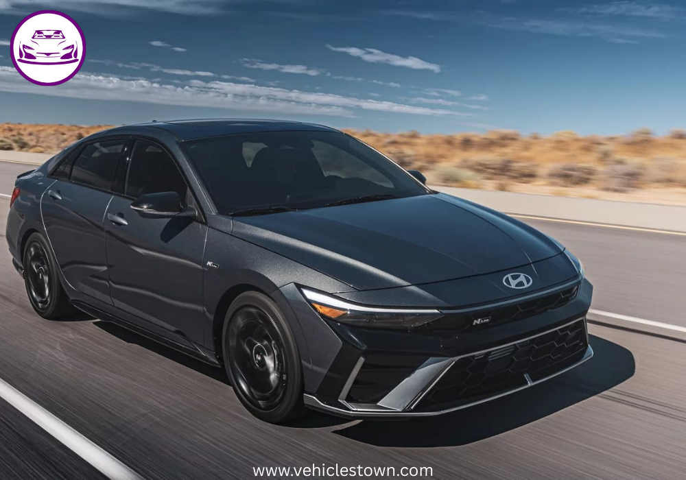 "Front view of the 2025 Hyundai Elantra Hybrid showcasing its sleek parametric grille and LED headlights."