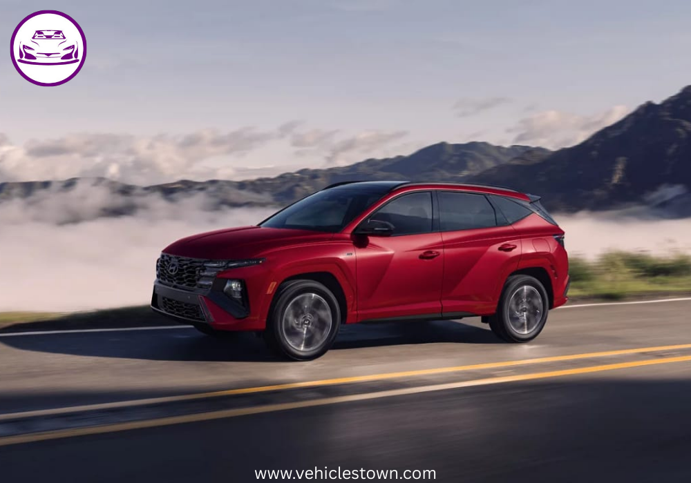 "Side view of the Hyundai Tucson Hybrid SUV in motion, showcasing its sleek design and eco-friendly features"