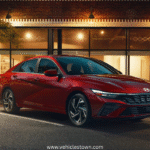 "Front view of the 2025 Hyundai Elantra Hybrid showcasing its sleek parametric grille and LED headlights."​