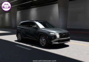 "Side view of the Hyundai Tucson Hybrid SUV in motion, showcasing its sleek design and eco-friendly features"