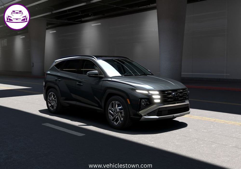 "Side view of the Hyundai Tucson Hybrid SUV in motion, showcasing its sleek design and eco-friendly features"