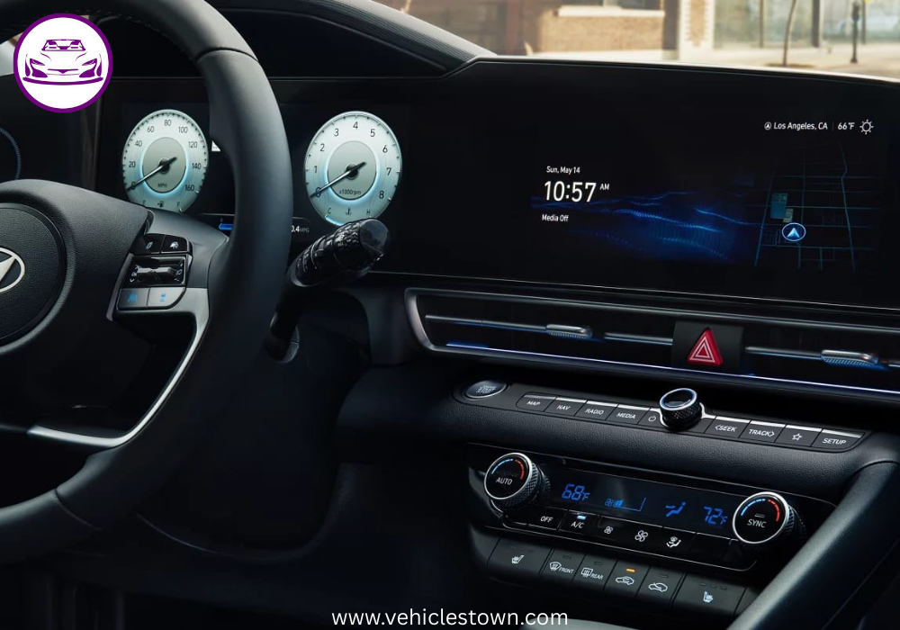 "Front view of the 2025 Hyundai Elantra Hybrid showcasing its sleek parametric grille and LED headlights."