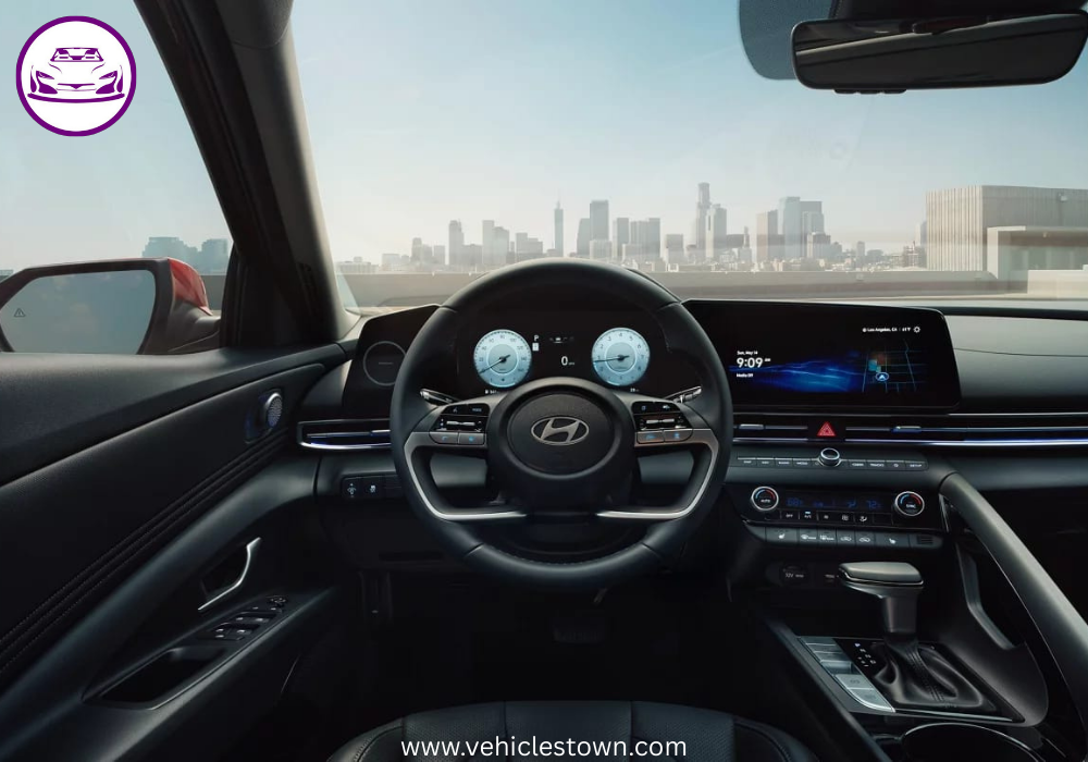 "Front view of the 2025 Hyundai Elantra Hybrid showcasing its sleek parametric grille and LED headlights."
