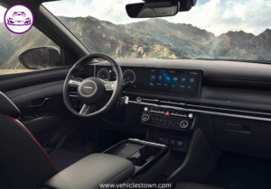 "Side view of the Hyundai Tucson Hybrid SUV in motion, showcasing its sleek design and eco-friendly features"