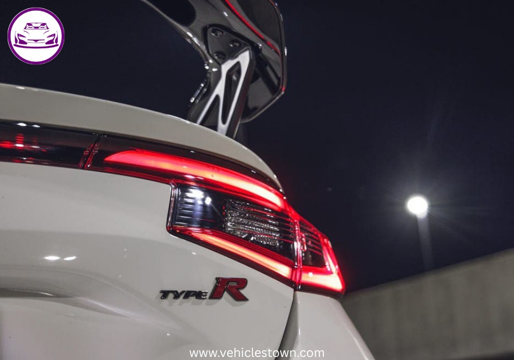 Front view of the bold and sporty red Honda Civic Type R showcasing its aggressive grille and large rear wing.