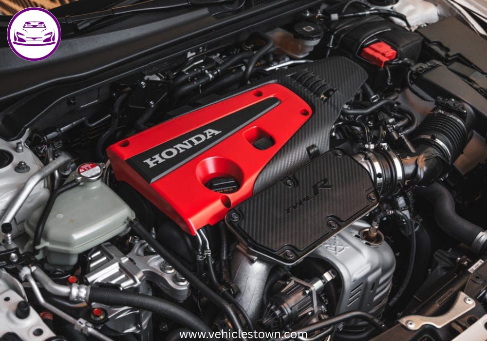 Front view of the bold and sporty red Honda Civic Type R showcasing its aggressive grille and large rear wing.