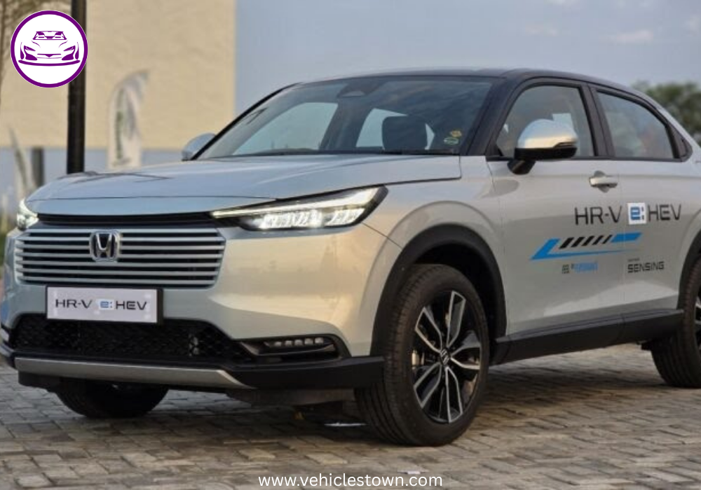 Front and side view of the 2025 Honda HR-V e:HEV hybrid SUV in Pakistan showcasing its LED headlights, bold grille, and sleek body design.