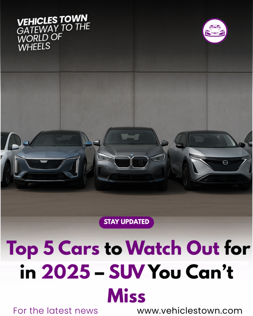 Top 5 cars, Four futuristic electric vehicles parked under a vibrant sunset sky.