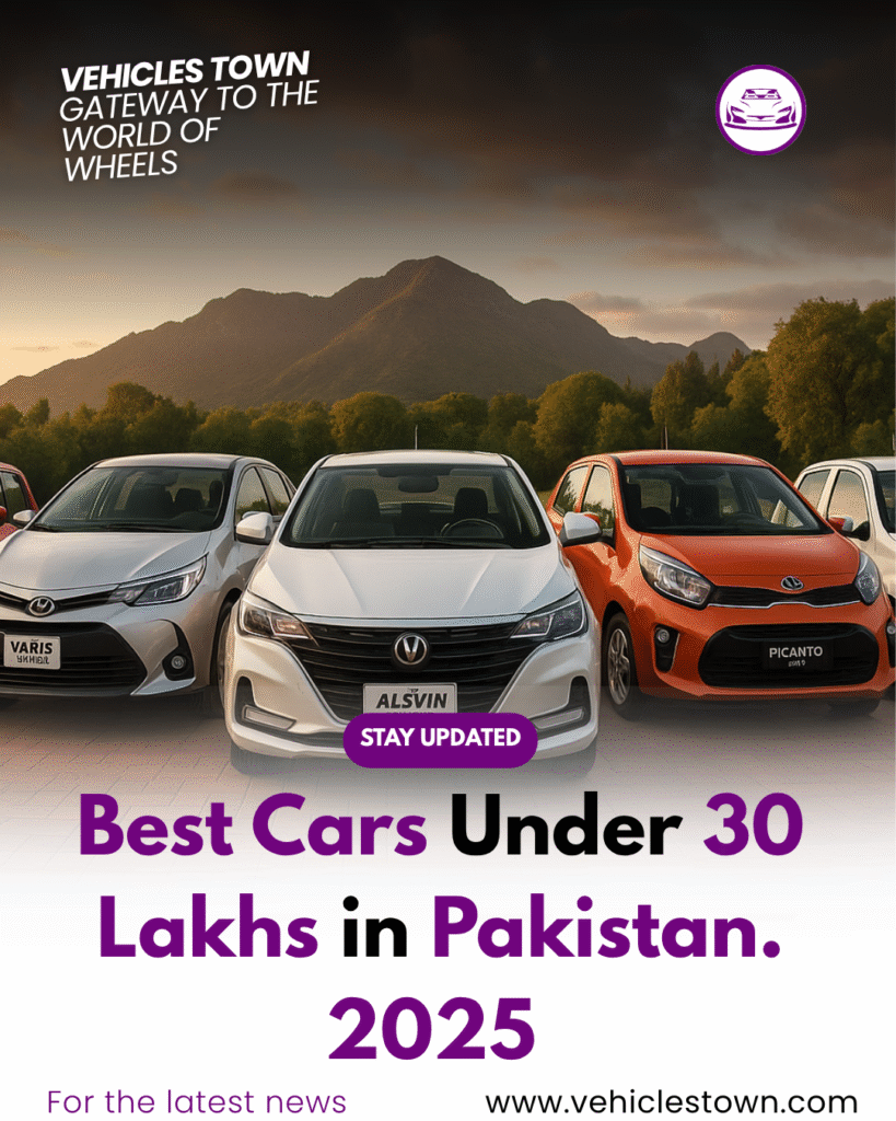 Top 5 best cars under 30 lakhs in Pakistan 2025 including Suzuki Swift, Yaris, Alsvin, Picanto, and Alpha