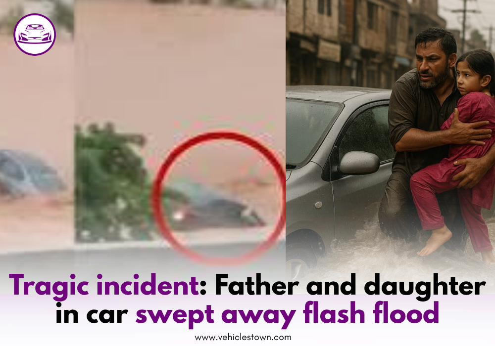 Car swept away by flash flood in Islamabad during heavy monsoon rain.