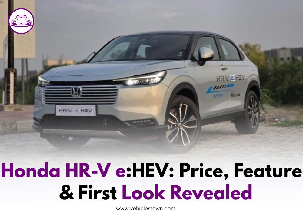 Front and side view of the 2025 Honda HR-V e:HEV hybrid SUV in Pakistan showcasing its LED headlights, bold grille, and sleek body design.