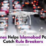 Drones flying above Islamabad roads monitoring traffic violations.