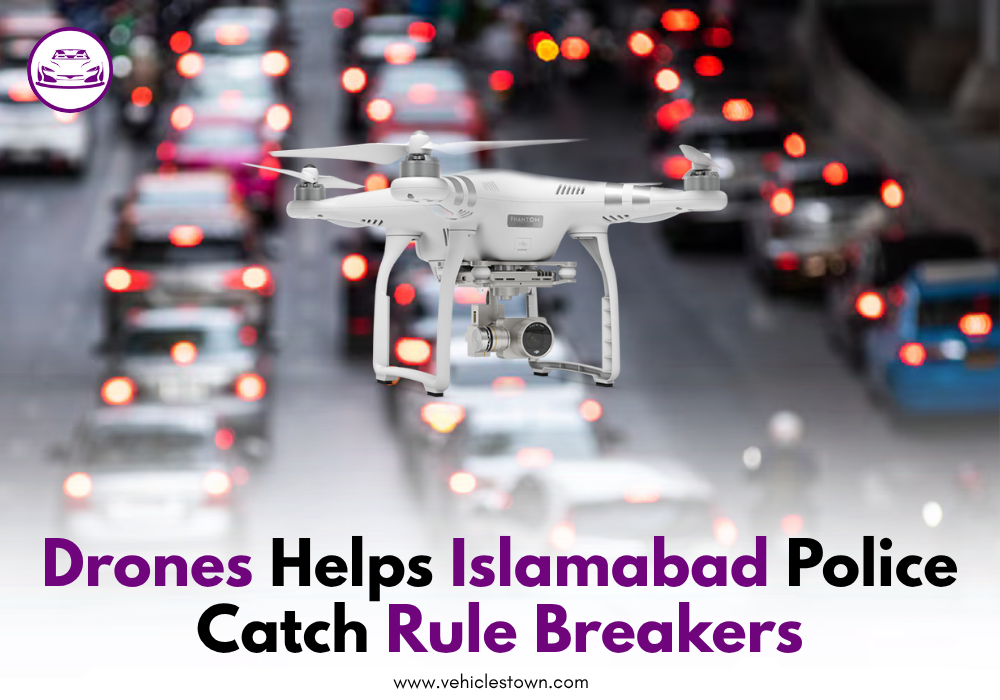 Drones flying above Islamabad roads monitoring traffic violations.