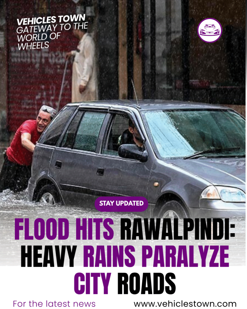 Flood makes streets of Rawalpindi with stranded vehicles and submerged roads after heavy monsoon rains.