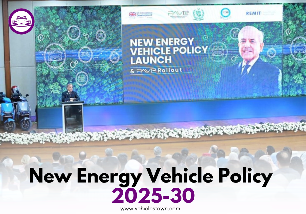 Launch of Pakistan’s New Energy Vehicle Policy 2025-30 highlighting EV adoption and green transport.