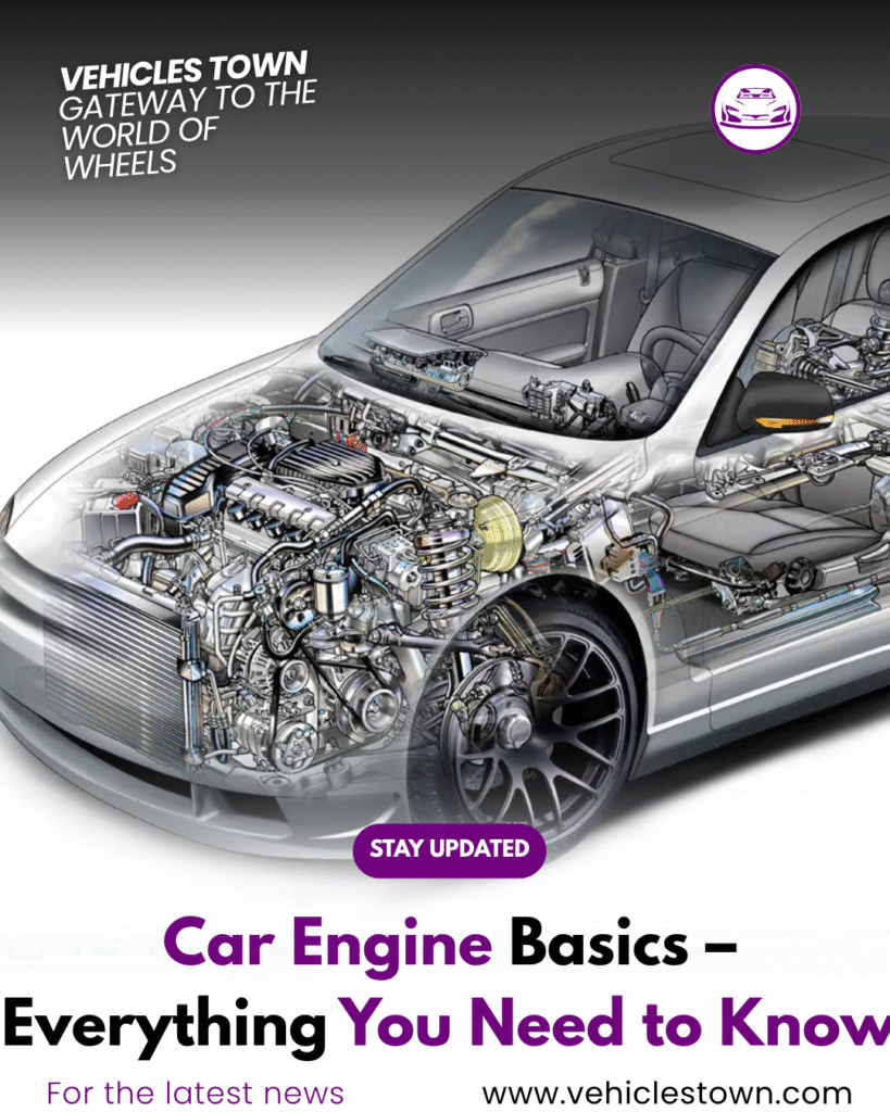 Detailed diagram of a car engine showing pistons, crankshaft, spark plugs, and other parts

