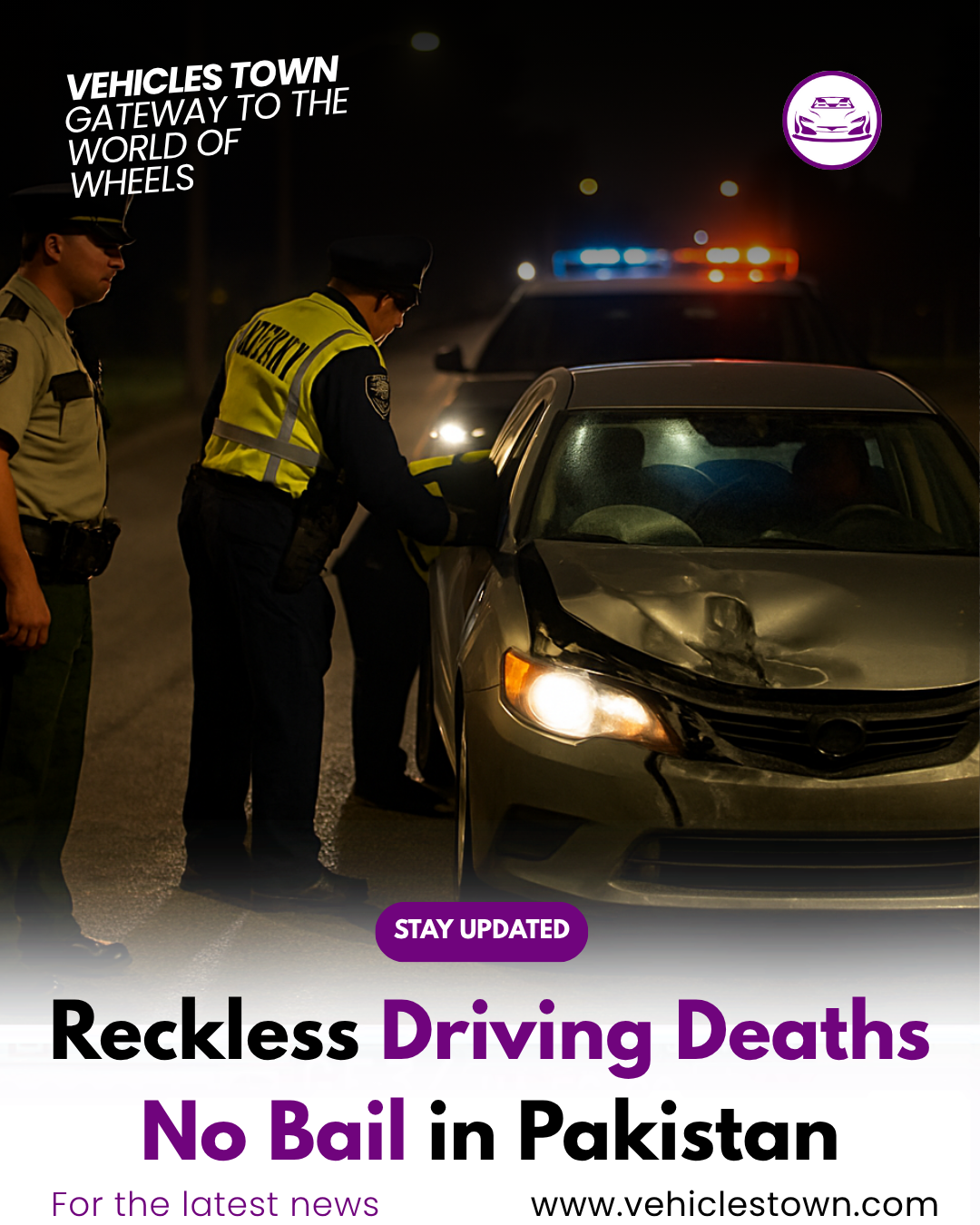 Police stopping car after fatal crash. Due to reckless driving