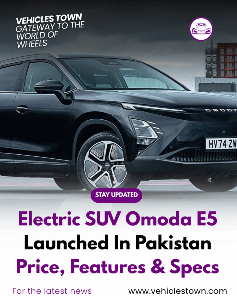 Front view of Omoda E5 electric SUV showcasing sleek design and LED headlights

