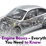 Detailed diagram of a car engine showing pistons, crankshaft, spark plugs, and other parts