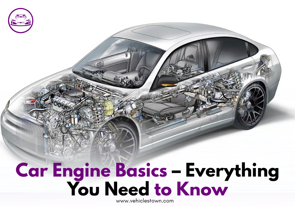 Detailed diagram of a car engine showing pistons, crankshaft, spark plugs, and other parts
