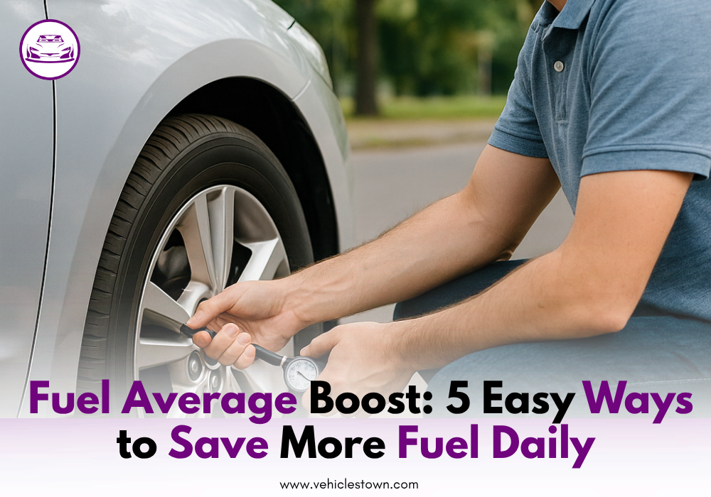 Man checking car tyre pressure for better fuel average