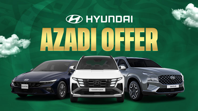 Front view of Hyundai hybrid SUV promoting the Azadi Offer 2025 in Pakistan.