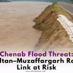Floodwater of Chenab approaching Multan–Muzaffargarh road embankment.