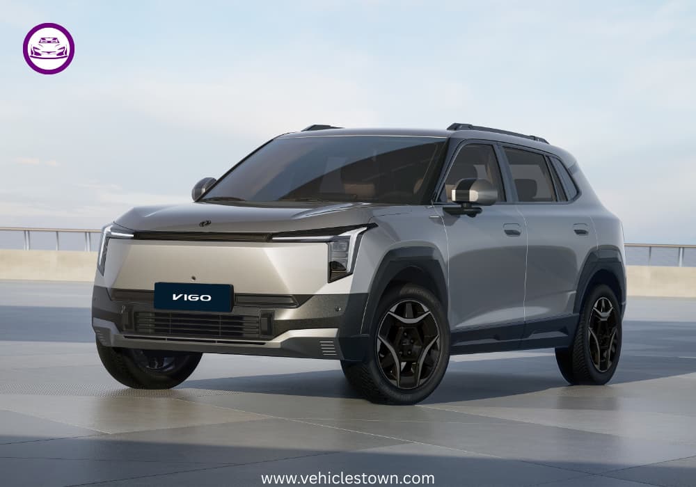 Dongfeng Vigo electric SUV showcased at launch event in Pakistan featuring advanced infotainment and safety technology.